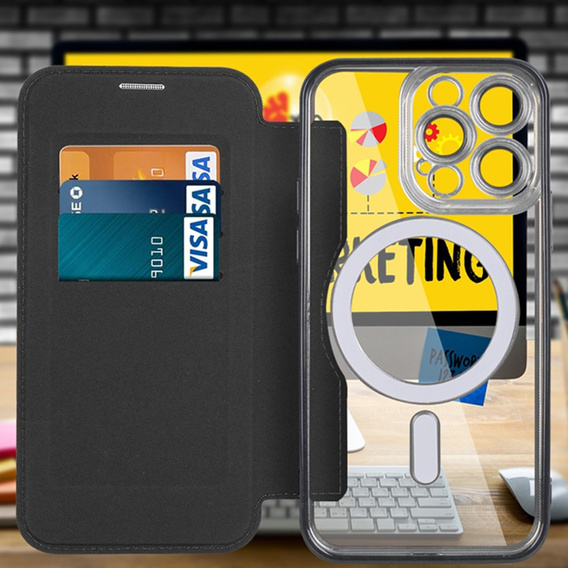 Klapkové puzdro pre iPhone 14 Pro, RFID Wallet MagSafe CamShield, čierne