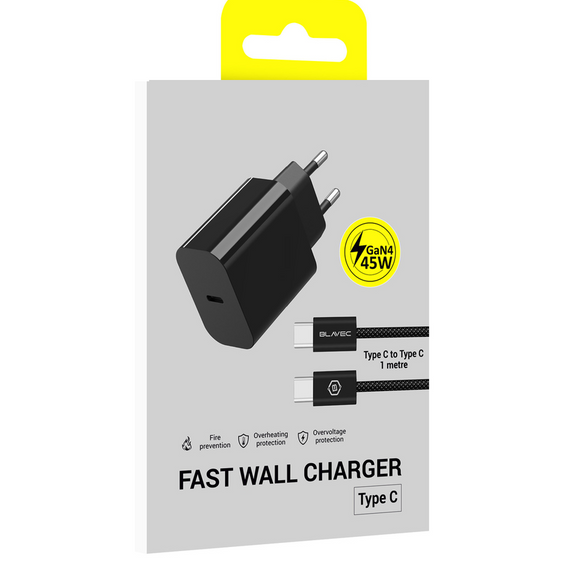 Blavec GaN4 45W USB-C PD/QC sieťová nabíjačka s USB-C - USB-C kábel pre zariadenia s USB-C: smartfóny, tablety a ľahké notebooky