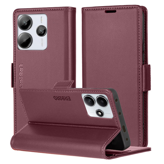 Puzdro pre Xiaomi Redmi Note 14 5G, ERBORD Glossy Litchi, flipová peňaženka, červené