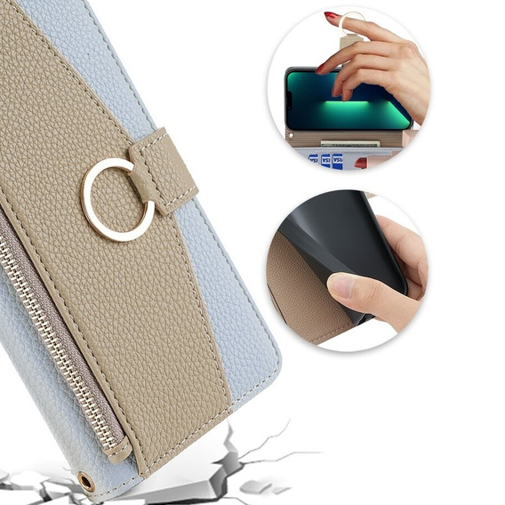 Flipové puzdro pre iPhone 15, Wallet Zipper Pocket, so zrkadlom, modré