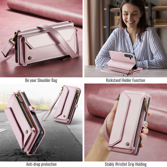 Puzdro CASEME pre Samsung Galaxy S25 FE, RFID Leather Wallet, s popruhom cez rameno, ružové