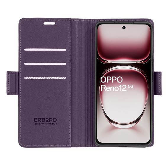Puzdro pre Oppo Reno 12, ERBORD Glossy Litchi, flipová peňaženka, fialové