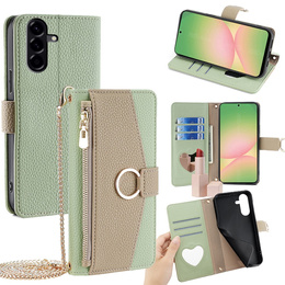 Flipové puzdro pre Samsung Galaxy A56 5G, Wallet Zipper Pocket, so zrkadlom, zelený