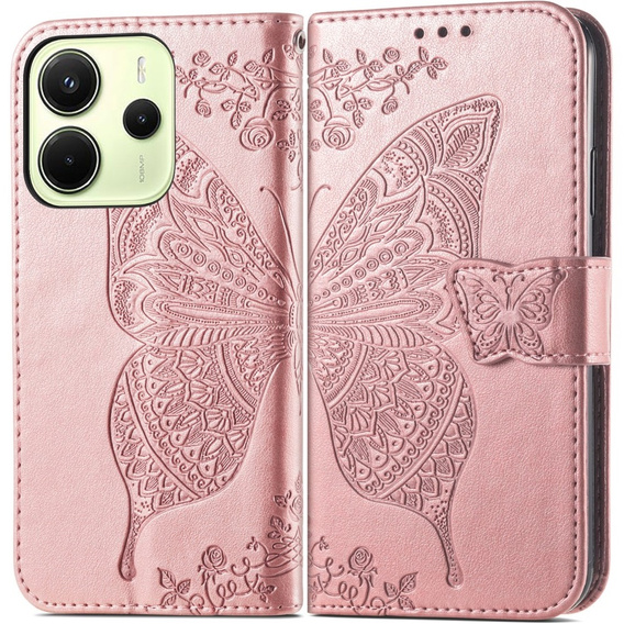 Klapkové puzdro pre Xiaomi Redmi Note 14 4G, Butterfly, ružové rose gold