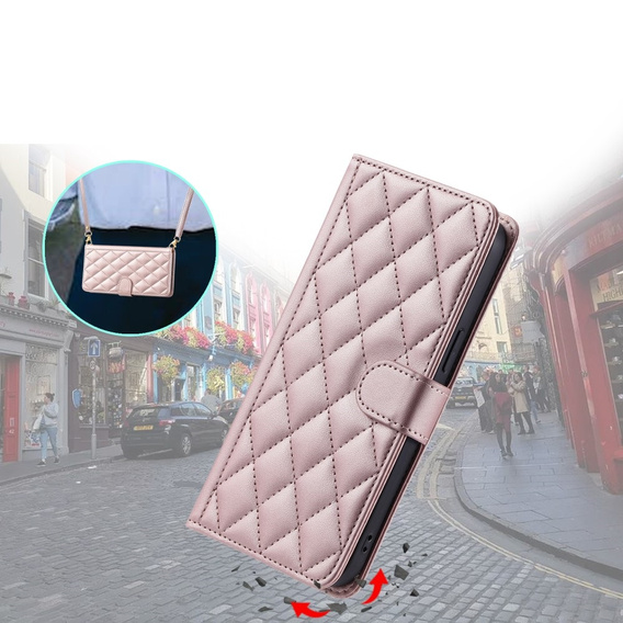Puzdro s chlopňou pre Samsung Galaxy S25, Rhombus Crossbody Leather, ružové rose gold