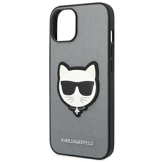 Karl Lagerfeld Obal na mobil pre iPhone 14, Saffiano Choupette Head Patch, strieborné