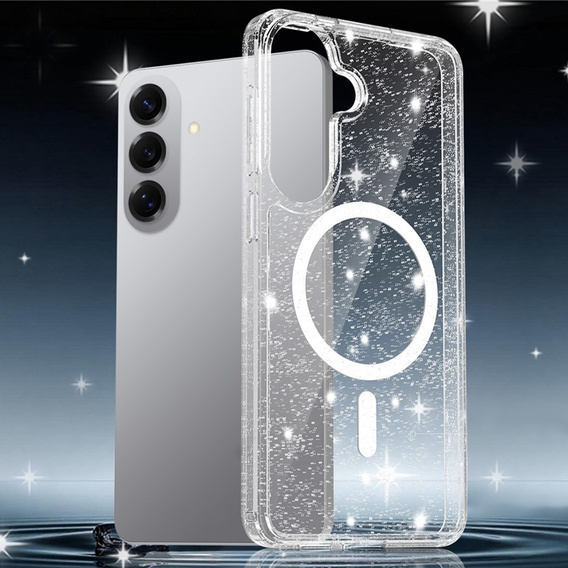 Tvrdené puzdro s trblietkami, pre MagSafe pre Samsung Galaxy S26 Plus, priehľadné