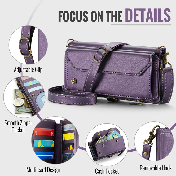 Puzdro CASEME pre Samsung Galaxy S25 FE, RFID Leather Wallet, s popruhom cez rameno, fialové