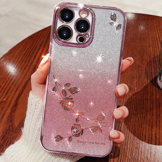 Puzdro pre iPhone 16 Pro, Glitter Flower, ružové rose gold