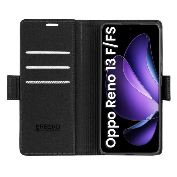 Puzdro pre Oppo Reno 13F / Oppo Reno 13FS, ERBORD Glossy Litchi, flipová peňaženka, čierne