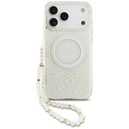 Guess IML Flowers Galvanizované po celom povrchu s remienkom s korálkami, pre MagSafe, s remienkom pre iPhone 17 Pro Max