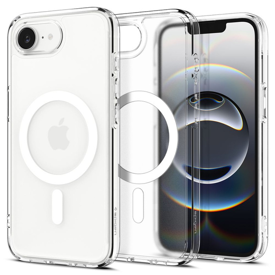 Puzdro MagSafe Spigen pre Iphone 16E, Ultra Hybrid, transparentné / biele + tvrdené sklo 9H