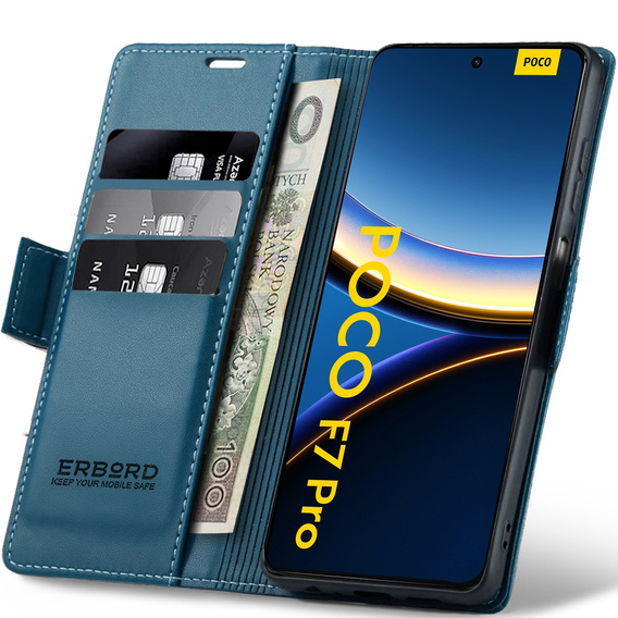 Puzdro pre Xiaomi Poco F7 Pro, ERBORD Glossy Litchi, flipová peňaženka, modré