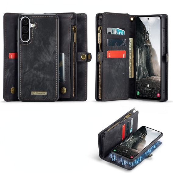 CASEME puzdro pre Samsung Galaxy A56 5G, Retro Leather Wallet, s remienkom, čierne