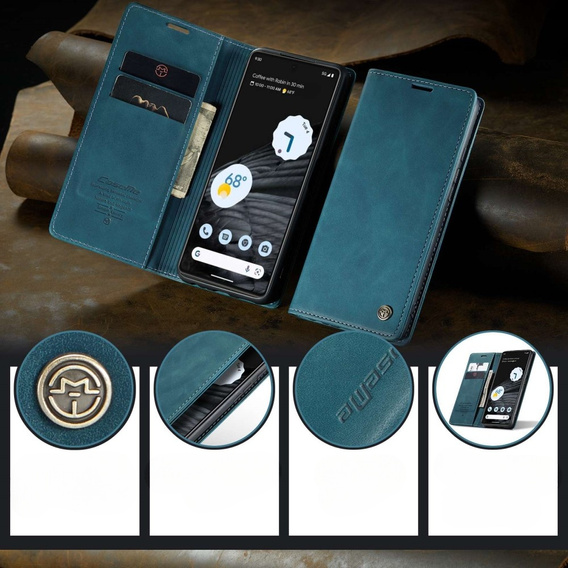 CASEME puzdro pre Google Pixel 7, Leather Wallet Case, tyrkysové