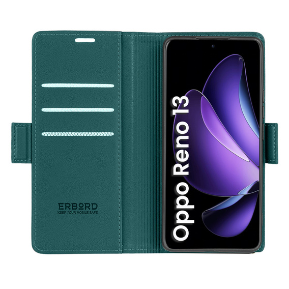 Puzdro pre Oppo Reno 13, ERBORD Glossy Litchi, flipová peňaženka, zelený