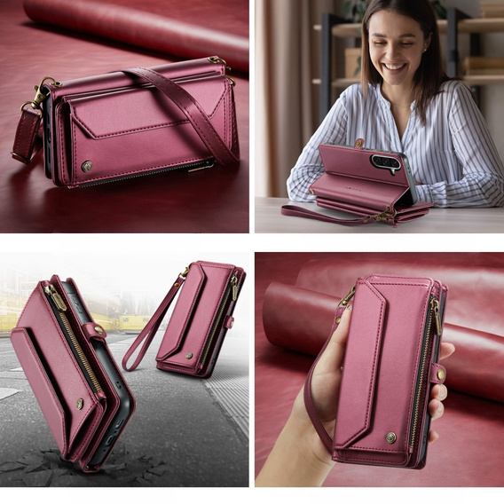 Puzdro CASEME pre Samsung Galaxy A56 5G, RFID Leather Wallet, s popruhom cez rameno, červené