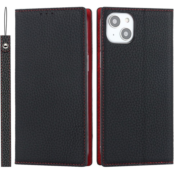 Klapkové puzdro pre iPhone 15, Litchi Skin Grain, čierne