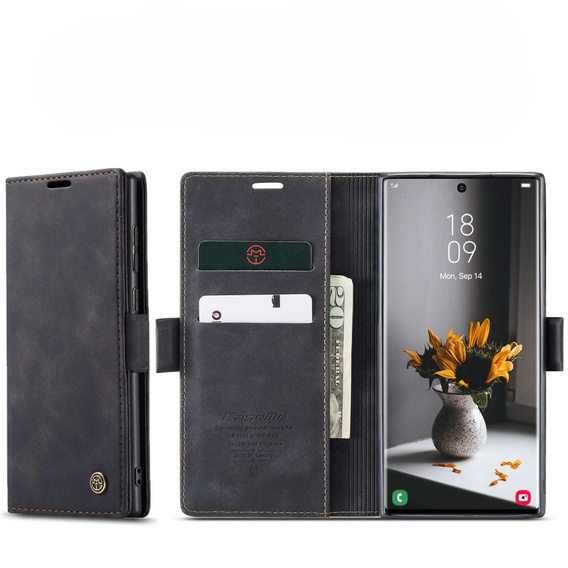 CASEME puzdro pre Samsung Galaxy S22 Ultra, Leather Wallet Case, čierne