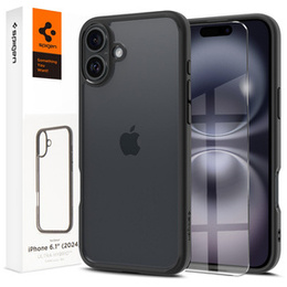 Puzdro Spigen pre iPhone 16, Ultra Hybrid, transparentné / čierne + tvrdené sklo 9H
