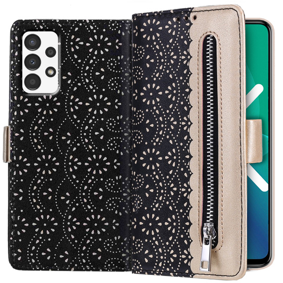 Klapkové puzdro pre Samsung Galaxy A33 5G, Wallet Pocket Zipper Lace, čierne