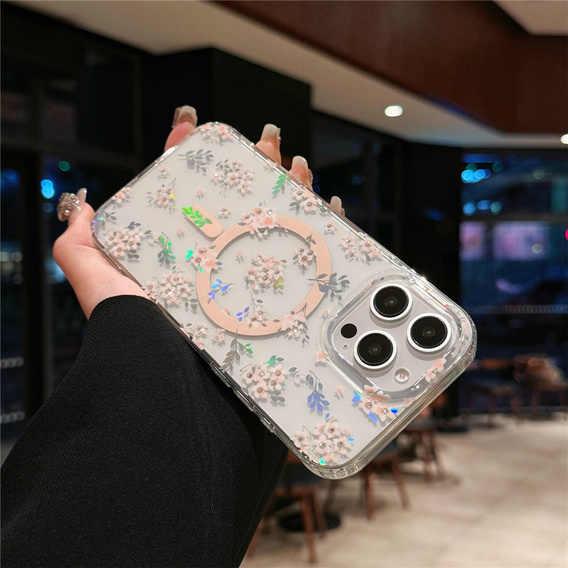 Magnetické puzdro s kvetinovým laserovým vzorom pre iPhone 16 Pro