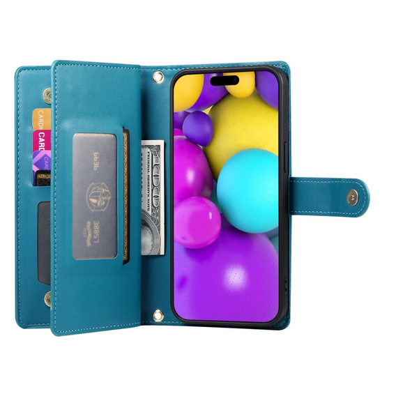 Klapkové puzdro pre iPhone 16, Wallet Zipper Pocket, modré