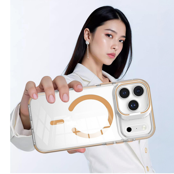 Puzdro pre iPhone 17 Pro, pre MagSafe, so stojanom, priehľadné so zlatými vložkami
