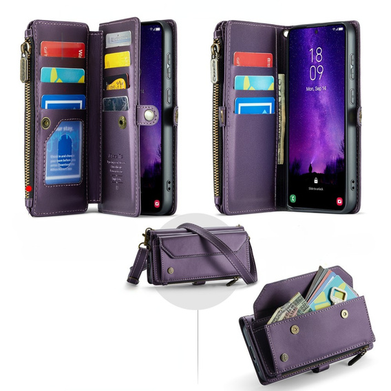 Puzdro CASEME pre Samsung Galaxy S24 FE, RFID Leather Wallet, s popruhom cez rameno, fialové