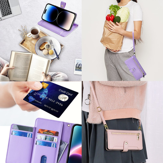 Klapkové puzdro pre iPhone 14 Pro, Wallet Zipper Pocket, fialové