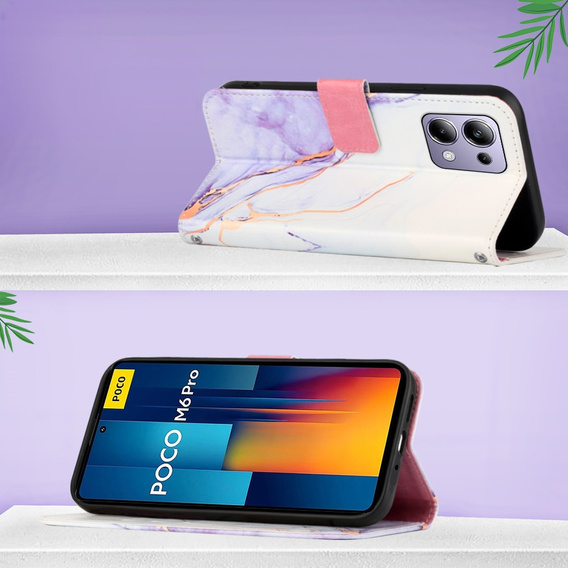 Klapkové puzdro pre Xiaomi Redmi Note 13 Pro 4G / Xiaomi Redmi Note 14S / Xiaomi Poco M6 Pro 4G, Wallet, Marble fialové