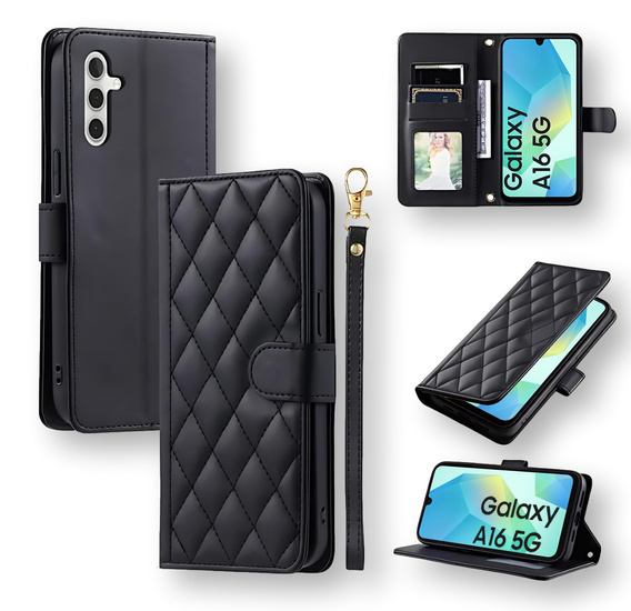 Puzdro s chlopňou pre Samsung Galaxy A16, Rhombus Crossbody Leather, čierne