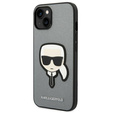 Karl Lagerfeld Obal na mobil pre iPhone 14, Saffiano Karl's Head Patch, strieborné