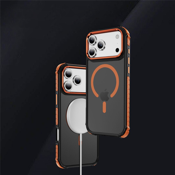 Matné puzdro pre iPhone 17 Pro, pancierované, pre MagSafe, dymové s oranžovými stranami