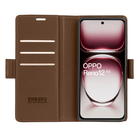 Puzdro pre Oppo Reno 12, ERBORD Glossy Litchi, flipová peňaženka, hnedé