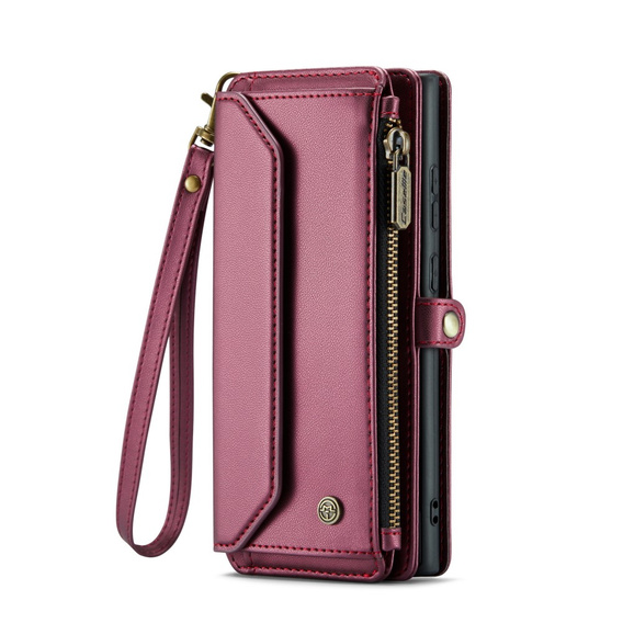 Puzdro CASEME pre Samsung Galaxy S25 Ultra, RFID Leather Wallet, s popruhom cez rameno, červené