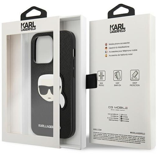 Karl Lagerfeld Obal na mobil pre iPhone 14 Pro Max, Saffiano Karl's Head Patch, čierne