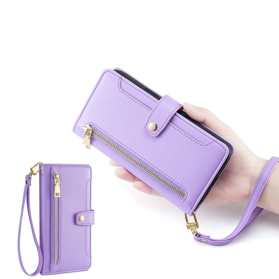Klapkové puzdro pre iPhone 14 Pro, Wallet Zipper Pocket, fialové
