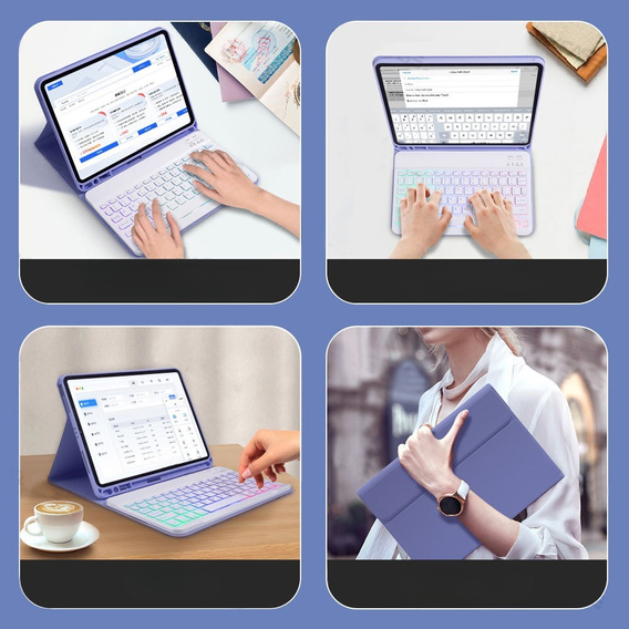 Puzdro s podsvietenou bluetooth klávesnicou pre iPad 10.9 2022 (10 gen.), fialové