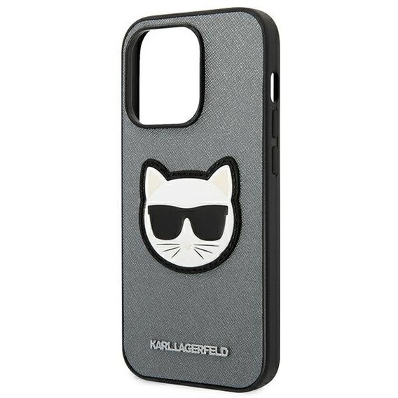 Karl Lagerfeld Obal na mobil pre iPhone 14 Pro Max, Saffiano Choupette Head Patch, strieborné