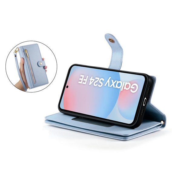 Klapkové puzdro pre Samsung Galaxy S24 FE, Wallet Zipper Pocket, modré