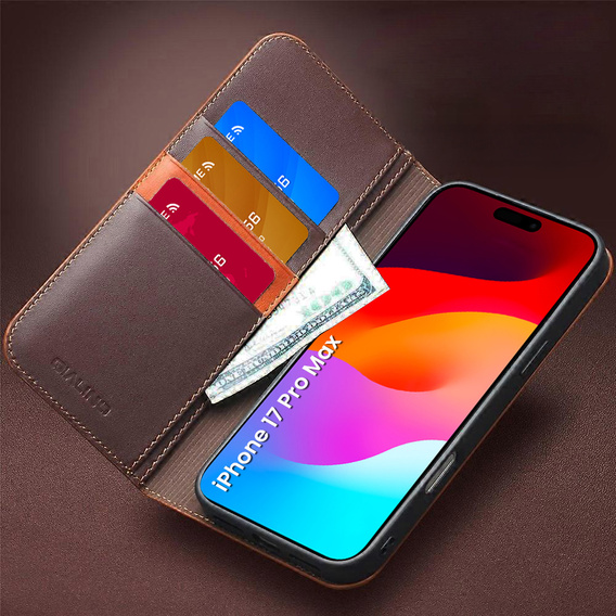 QIALINO kožené peňaženkové flipové puzdro pre iPhone 17 Pro Max - hnedé