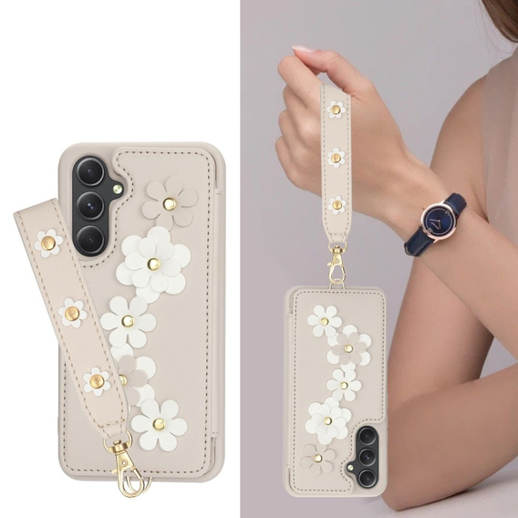 Puzdro pre Samsung Galaxy A55 5G, Leather Flower Card Slot, béžové