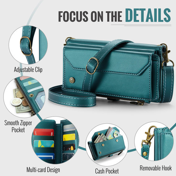 Puzdro CASEME pre Samsung Galaxy S25 FE, RFID Leather Wallet, s popruhom cez rameno, zelený
