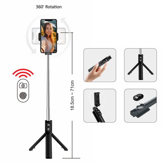 Selfie tyč s funkciou statívu a diaľkovým ovládaním Bluetooth, pre smartfóny so šírkou od 6,5 cm do 9,5 cm