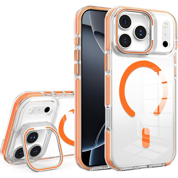 Puzdro pre iPhone 17 Pro Max, pre MagSafe, so stojanom, priehľadné s oranžovými vložkami