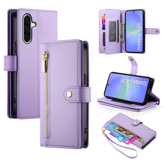 Klapkové puzdro pre Samsung Galaxy A36 5G, Wallet Zipper Pocket, fialové
