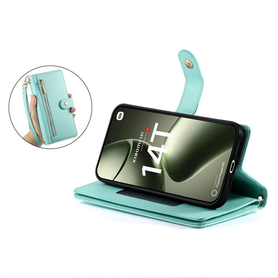 Klapkové puzdro pre Xiaomi 14T, Wallet Zipper Pocket, zelený