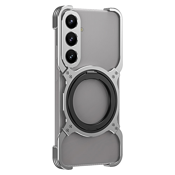 Puzdro pre Samsung Galaxy S25, Kickstand Bumper, s krytom objektívu, pre MagSafe, strieborné