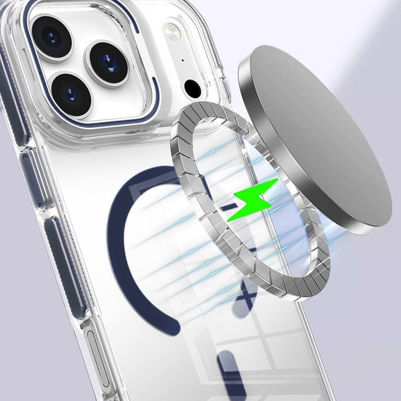Puzdro pre iPhone 17 Pro Max, pre MagSafe, so stojanom, priehľadné s tmavomodrými vložkami